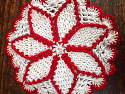 Crocheted Doily with Red and White Pattern