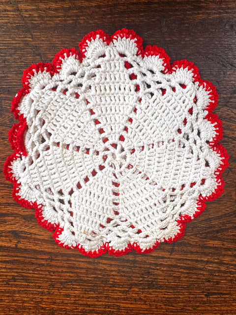 Crocheted Doily with Red and White Pattern
