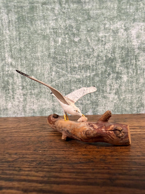 Wooden Seagull Figurine on Driftwood Base