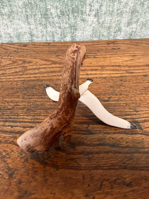 Wooden Seagull Figurine on Driftwood Base