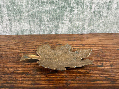 Brass Leaf-Shaped Decorative Dish with Intricate Floral Engraving
