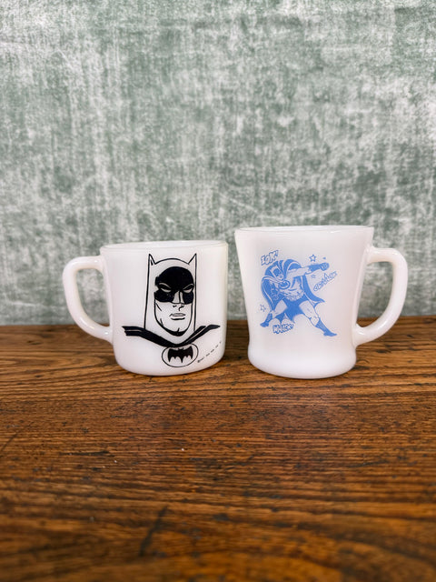 Pair of Vintage Batman Milk Glass Mugs by Anchor Hocking Fire-King & Westinghouse