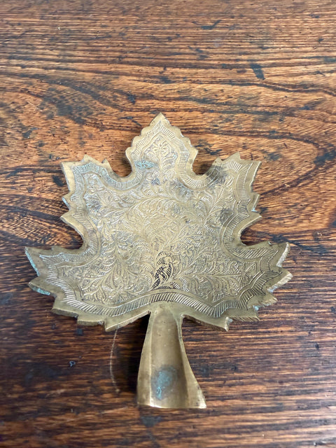 Brass Leaf-Shaped Decorative Dish with Intricate Floral Engraving
