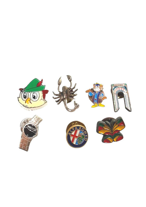 Mixed Enamel and Metal Lapel Pins Featuring Owl, Scorpion, Alfa Romeo, and Watch Designs