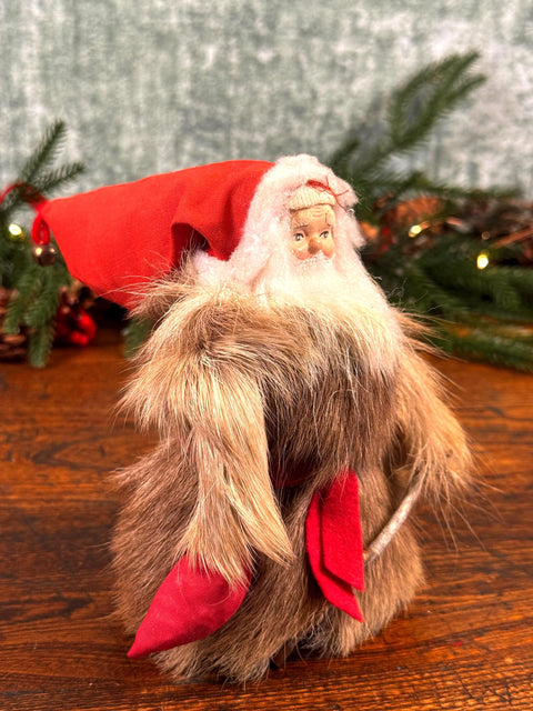 Vintage Scandinavian Santa Claus Figurine with Fur Coat and Red Hat