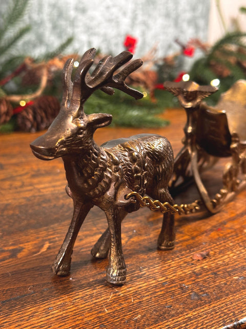 Brass Reindeer and Sleigh Figurine Holiday Decor