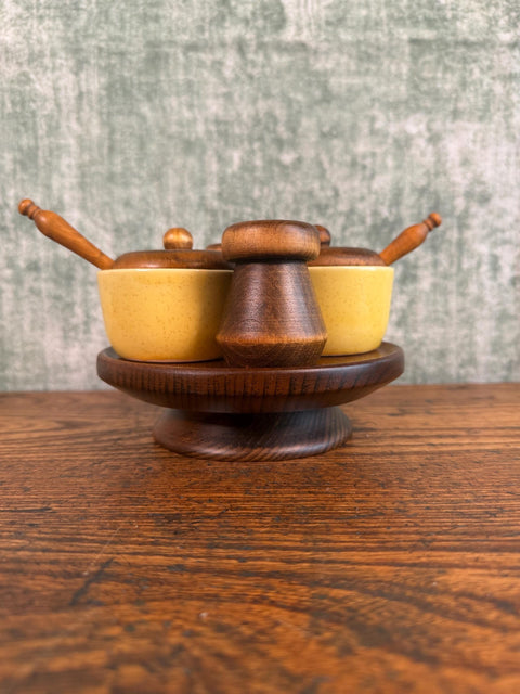 Wood and Ceramic Condiment Set with Tray and Spoons