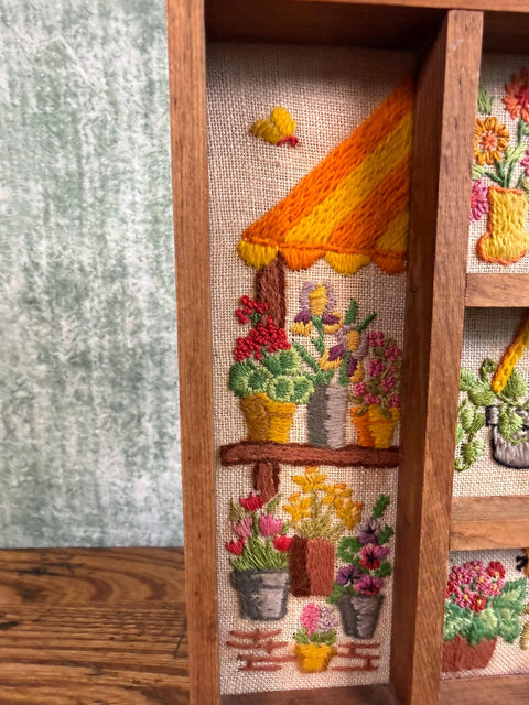 Wooden Display Shelf with Hand-Embroidered Floral Panels