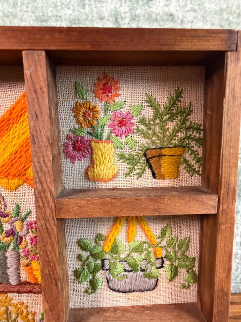 Wooden Display Shelf with Hand-Embroidered Floral Panels