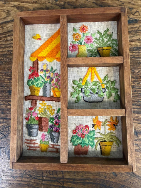 Wooden Display Shelf with Hand-Embroidered Floral Panels