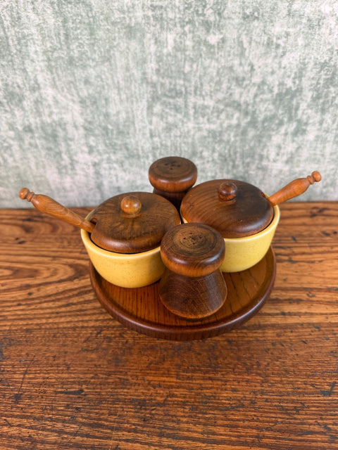 Wood and Ceramic Condiment Set with Tray and Spoons
