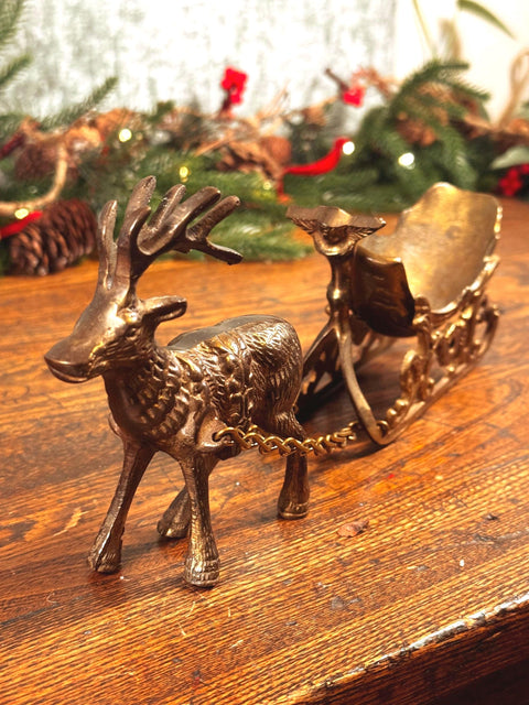 Brass Reindeer and Sleigh Figurine Holiday Decor