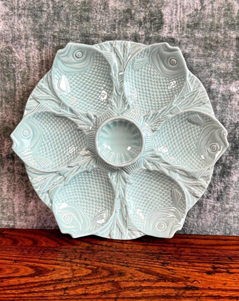 Vintage Bordallo Pinheiro Portugal Turquoise Six Fish Oyster Plate