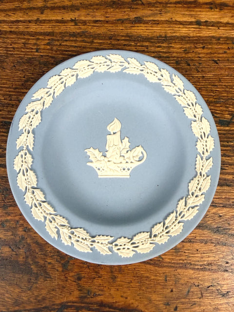 Wedgwood Blue Jasperware Holiday Plate with Candle and Holly Design