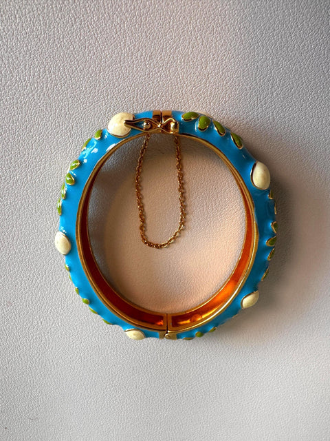 Blue Enamel Floral Bangle Bracelet with Safety Chain