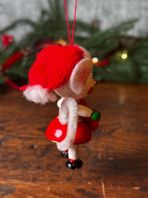 Vintage Christmas Mouse Figurine with Red Dress and Knitted Hat