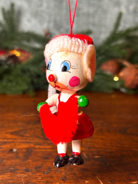 Vintage Christmas Mouse Figurine with Red Dress and Knitted Hat