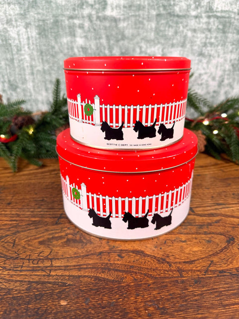 2 Scottie Dog Red and White Metal Storage Tins