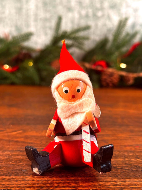 Vintage Wooden Sitting Santa Claus Christmas Ornament
