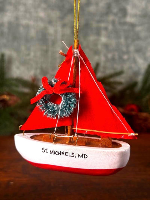 Miniature Wooden Sailboat Ornament from St. Michaels, Maryland