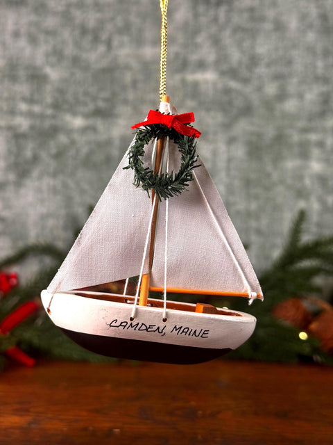 Miniature Wooden Sailboat Ornament with Christmas Wreath from Camden, Maine