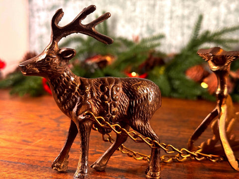Brass Reindeer and Sleigh Figurine Holiday Decor