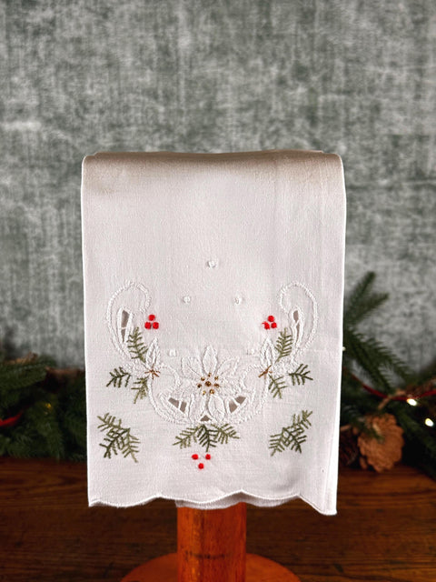 White Embroidered Christmas Napkin with Poinsettia and Holly Design