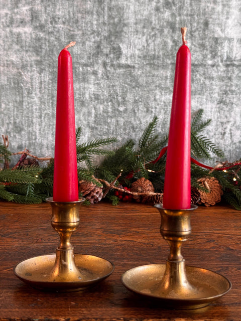Pair of Small Brass Candle Holders with Red Taper Candles