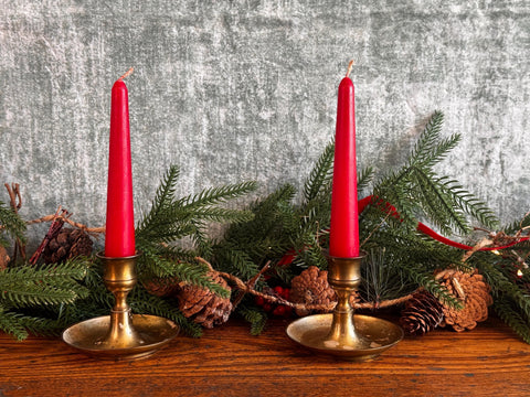 Pair of Small Brass Candle Holders with Red Taper Candles