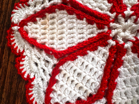 Crocheted Doily with Red and White Pattern