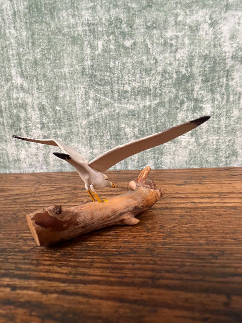 Wooden Seagull Figurine on Driftwood Base