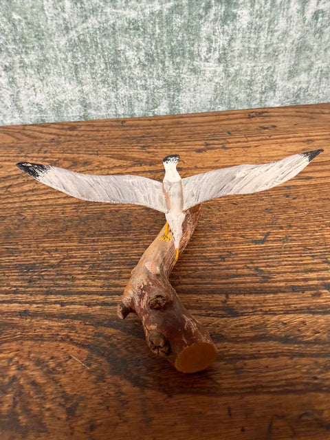 Wooden Seagull Figurine on Driftwood Base