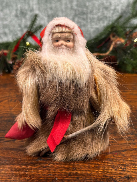 Vintage Scandinavian Santa Claus Figurine with Fur Coat and Red Hat