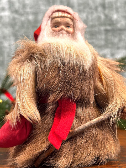 Vintage Scandinavian Santa Claus Figurine with Fur Coat and Red Hat