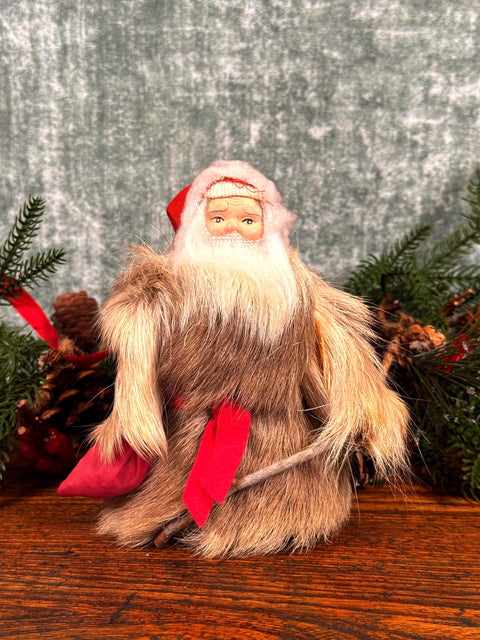 Vintage Scandinavian Santa Claus Figurine with Fur Coat and Red Hat