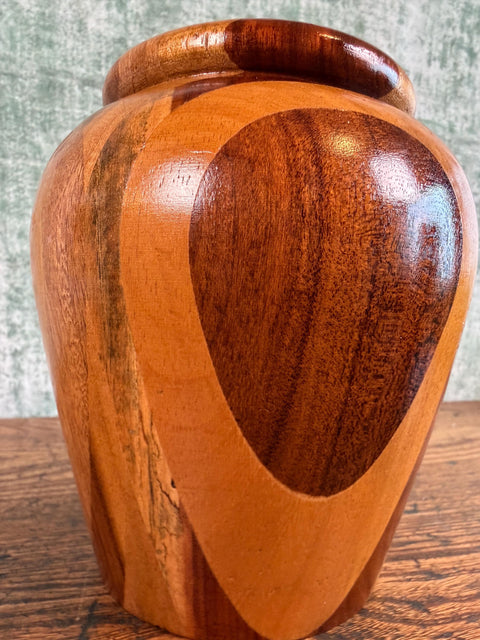 Handcrafted Wooden Decorative Vase with Multi-Tone Inlay