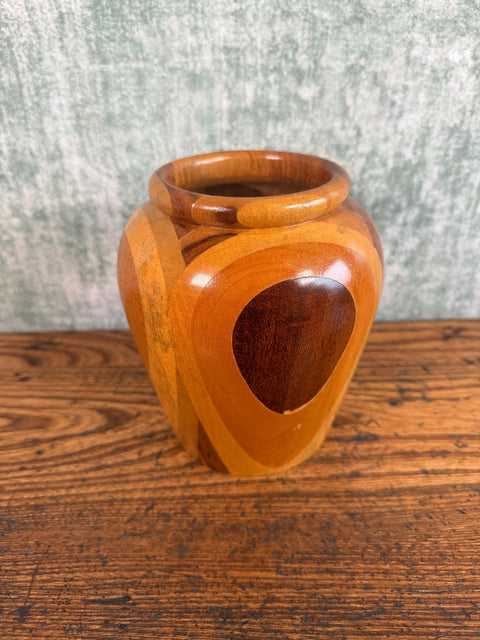 Handcrafted Wooden Decorative Vase with Multi-Tone Inlay