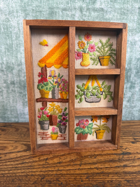 Wooden Display Shelf with Hand-Embroidered Floral Panels