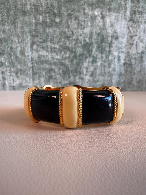 Black and White Enamel Hinged Bangle Bracelet with Safety Chain