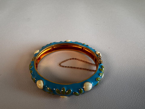 Blue Enamel Floral Bangle Bracelet with Safety Chain