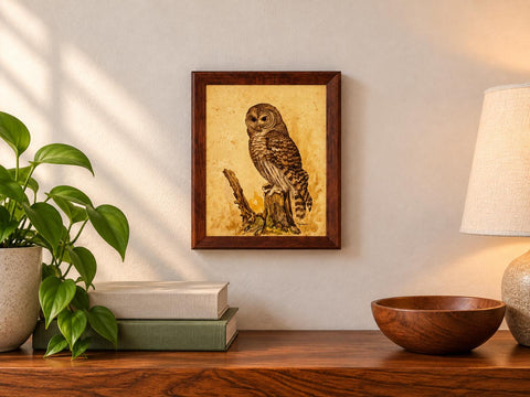 Wooden Wall Plaque Featuring Detailed Owl Illustration
