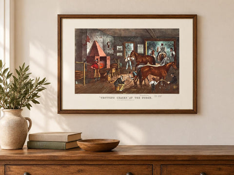 Trotting Cracks at the Forge by Thomas Worth | Currier & Ives Lithograph Print