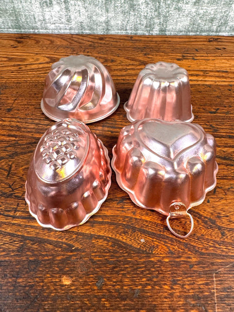 Set of 4 Vintage Copper Jelly Molds with Heart, Pineapple, and Fluted Designs