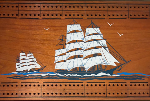 Wooden Cribbage Board with Sailing Ship Design