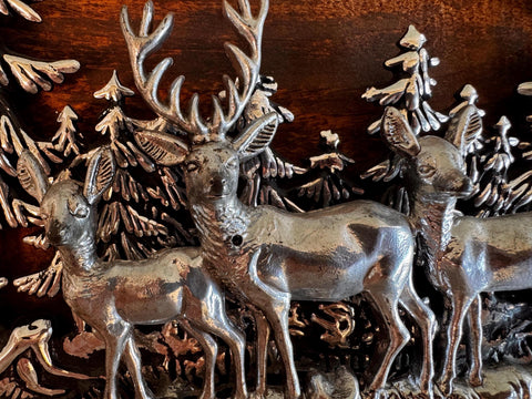 Wood Plaque with Metal Deer and Trees Relief