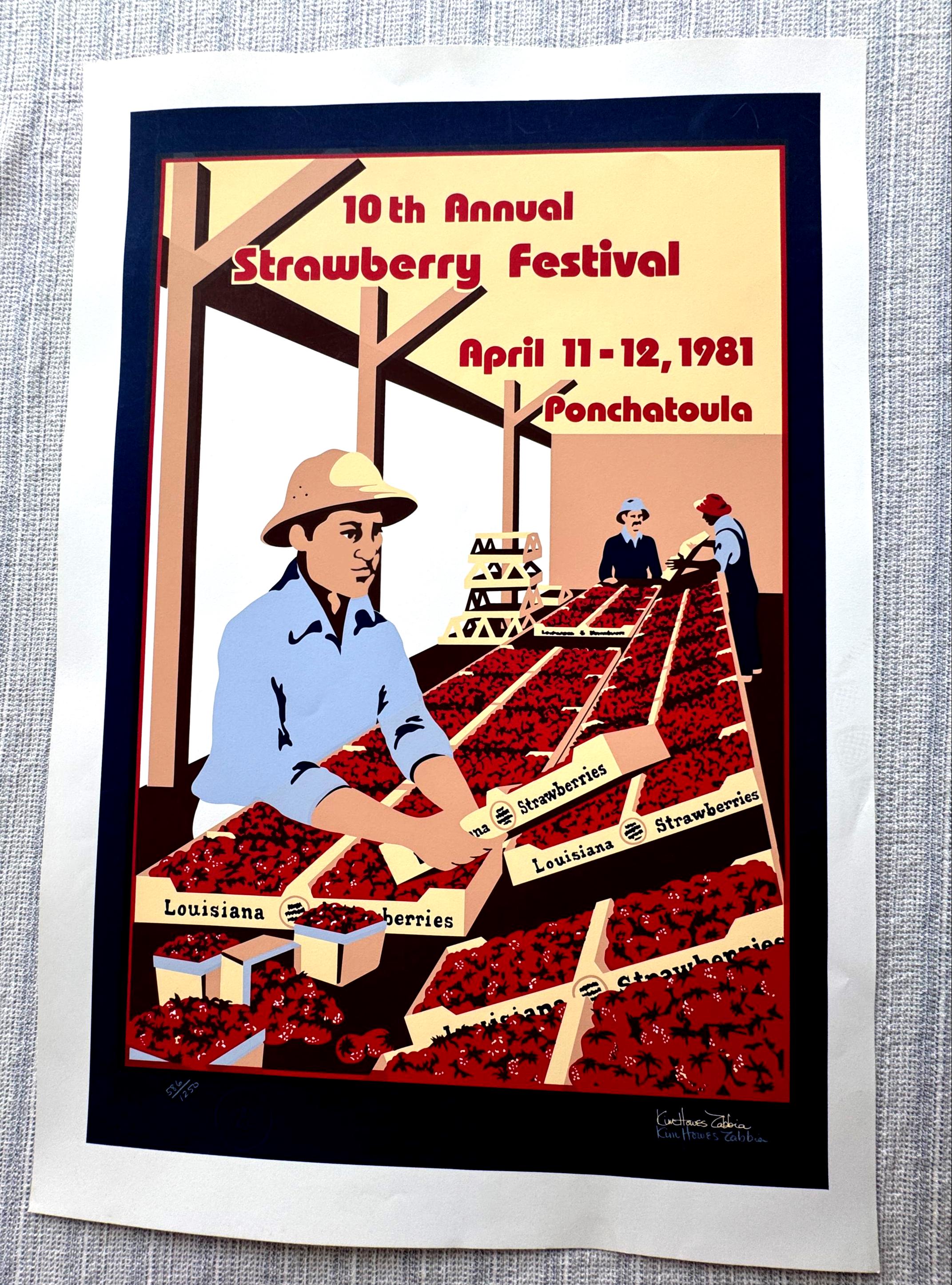 May include: A vintage poster for the 10th Annual Strawberry Festival in Ponchatoula, Louisiana, from April 11-12, 1981. The poster features illustrations of people, strawberries, and the text "Louisiana Strawberries".