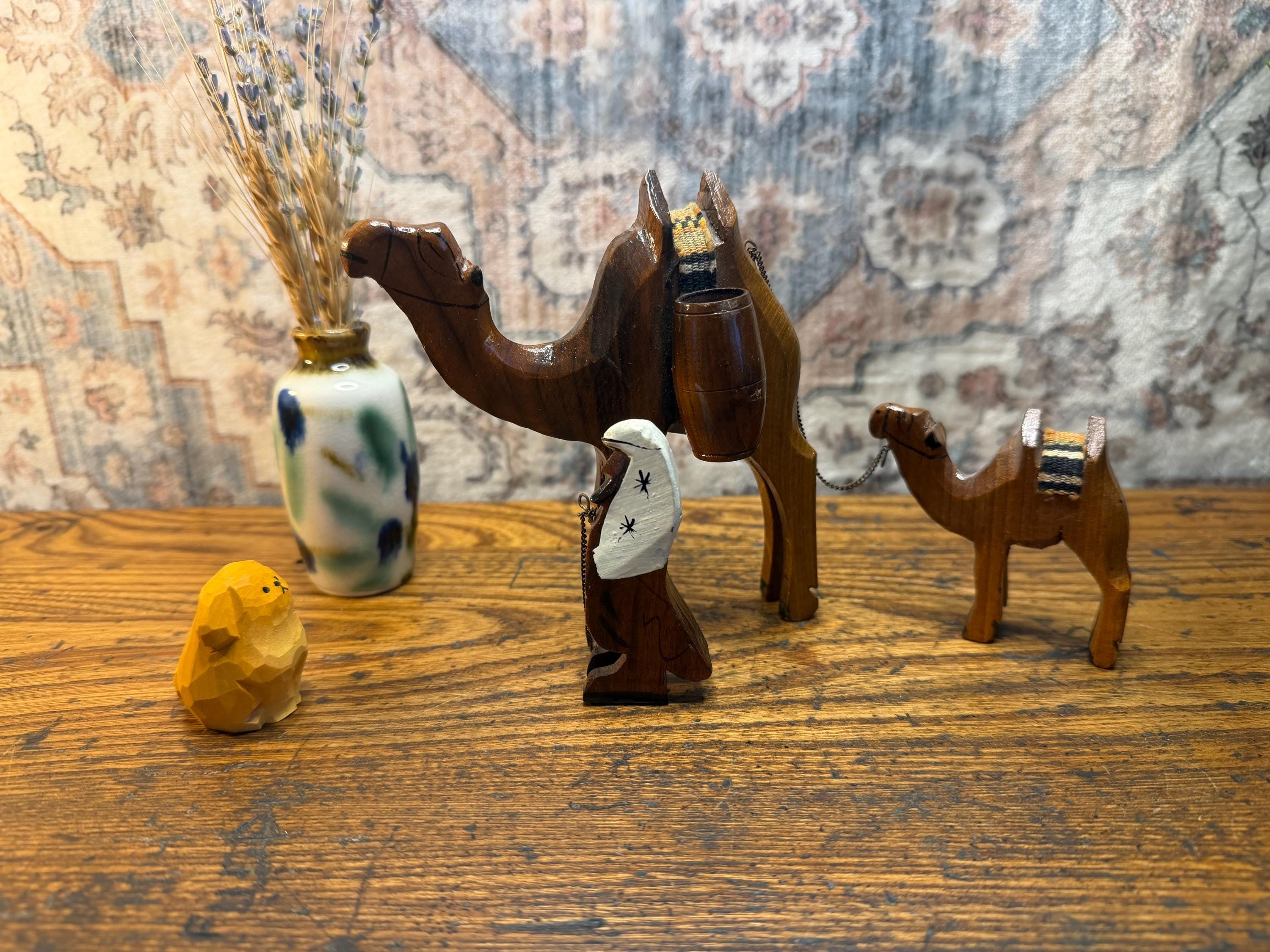 Vintage Hand Carved Wooden Camel Set | Folk Art Figurines