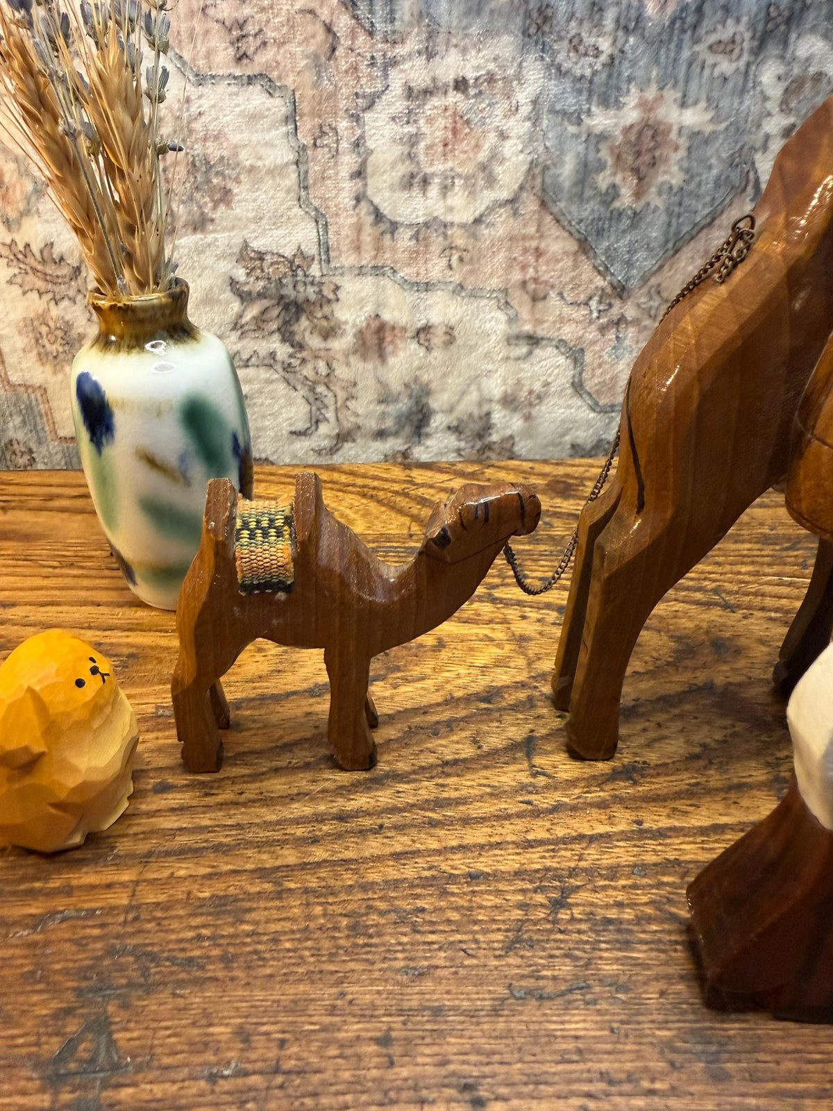Vintage Hand Carved Wooden Camel Set | Folk Art Figurines