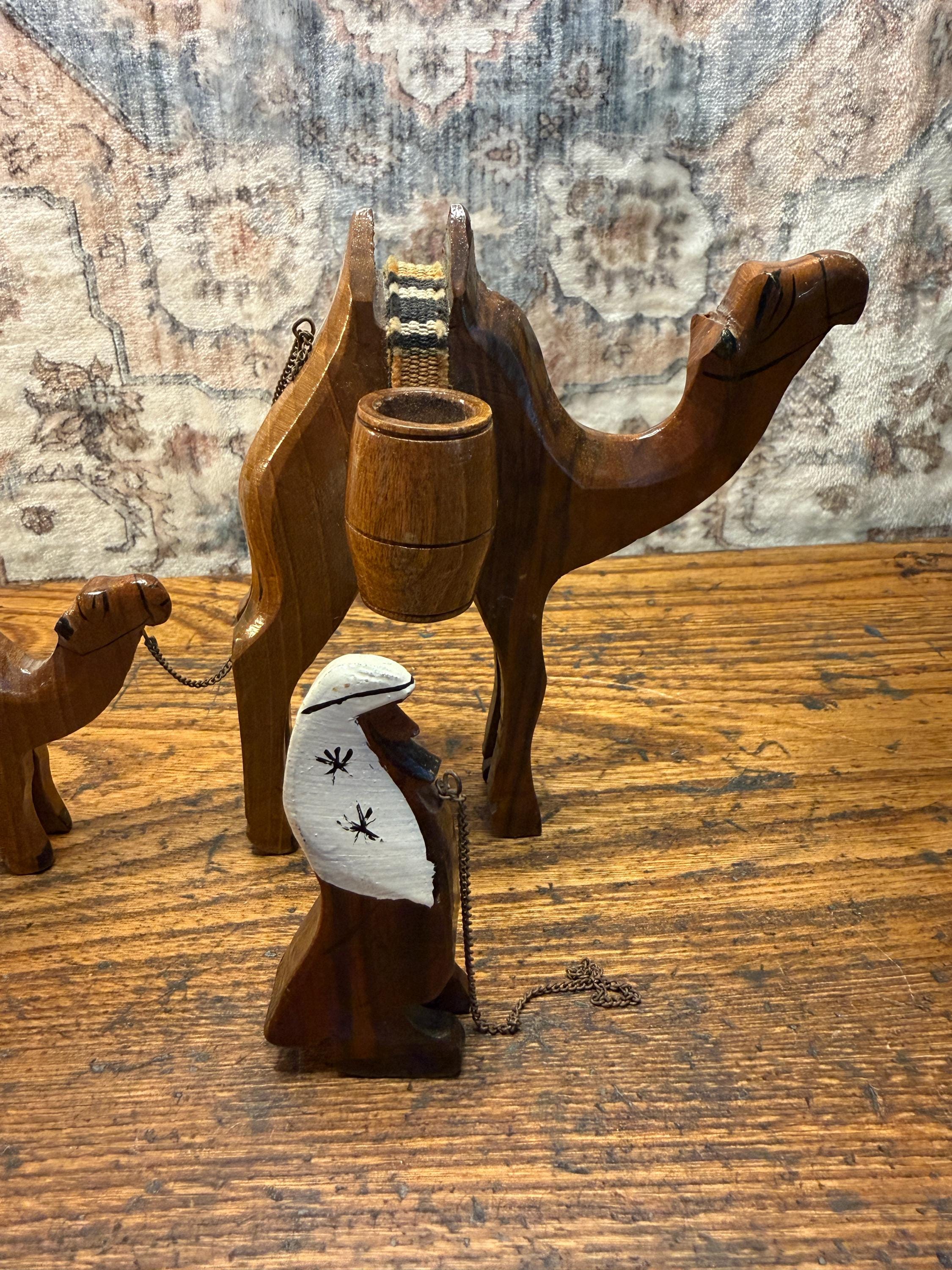Vintage Hand Carved Wooden Camel Set | Folk Art Figurines
