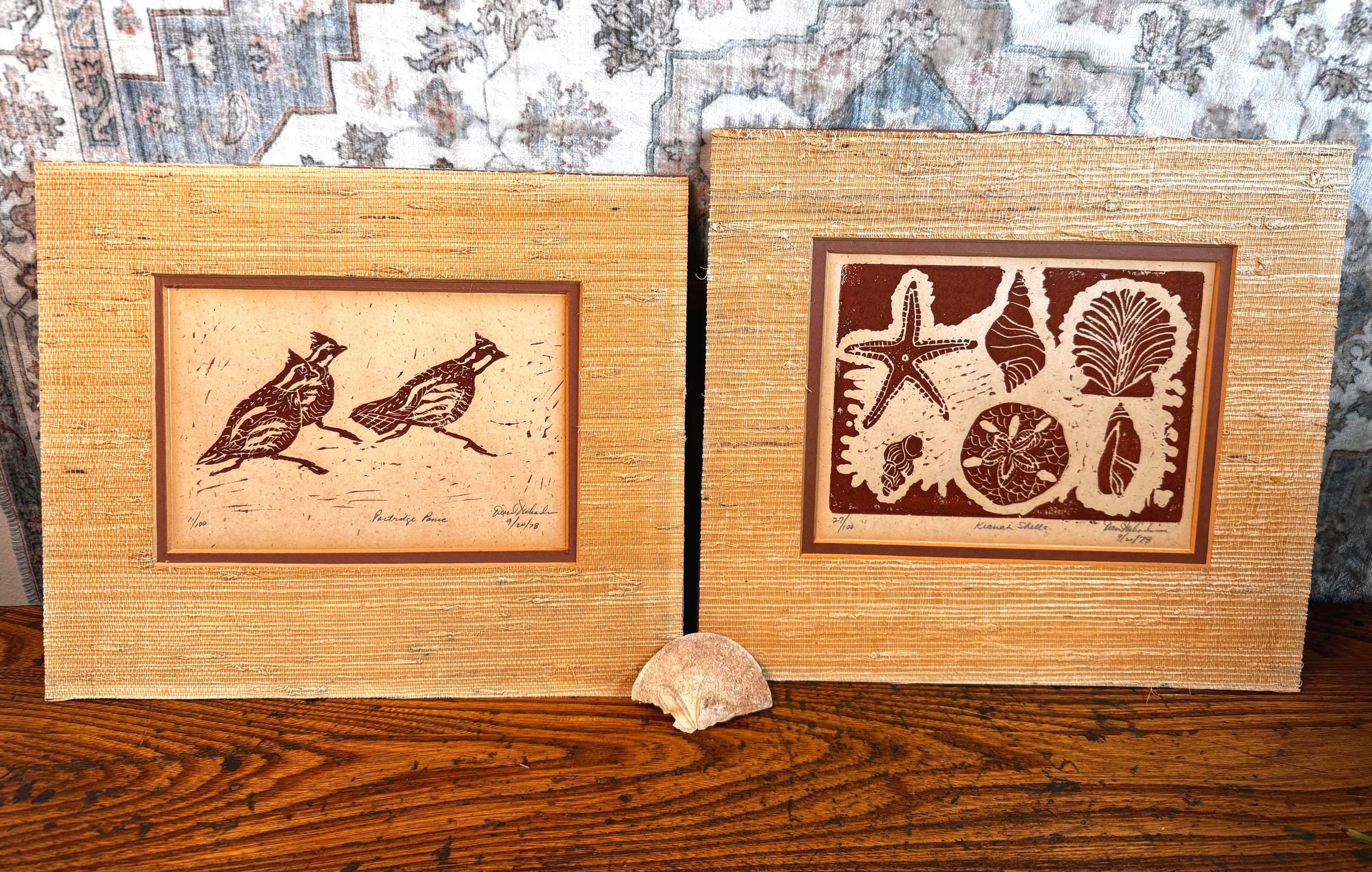 Partridge Panic & Kiawah Shells | 1978 Vintage Signed Block Prints Pair